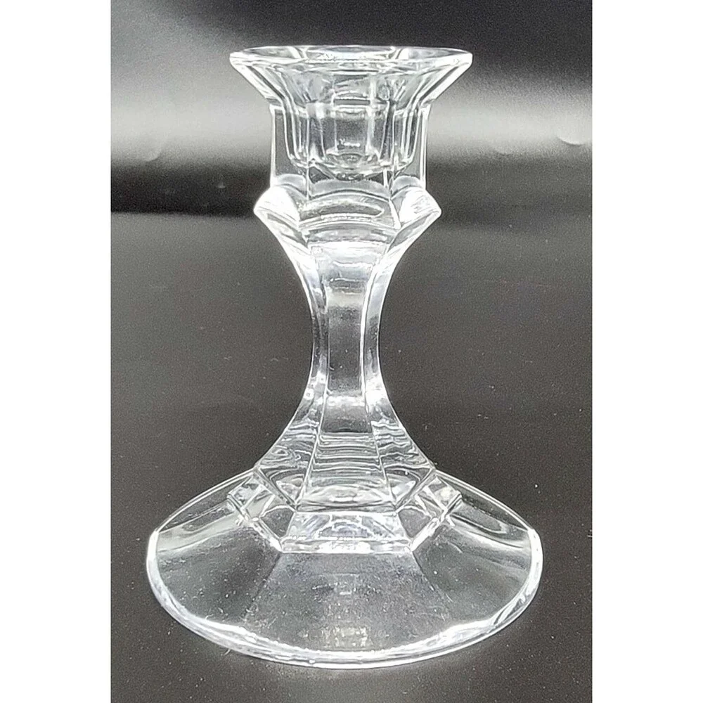 Clear Glass Candle Holders Pair Geometric Faceted Candlesticks Pedestal 4
